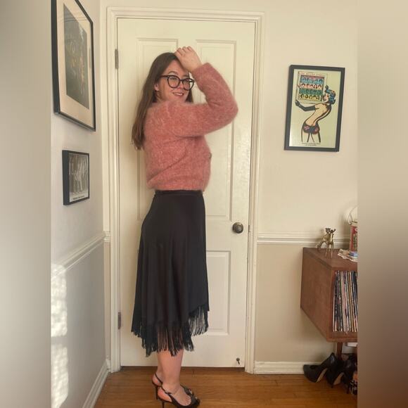 70s Vintage Deadstock NWT Fredricks of Hollywood Black Fringe Wrap Skirt - Picture 2 of 9